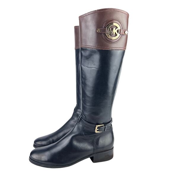 EUC Michael Kors Stockard Black/Brown Equestrian Leather Two-Tone TALL Boots 9 - Picture 1 of 11